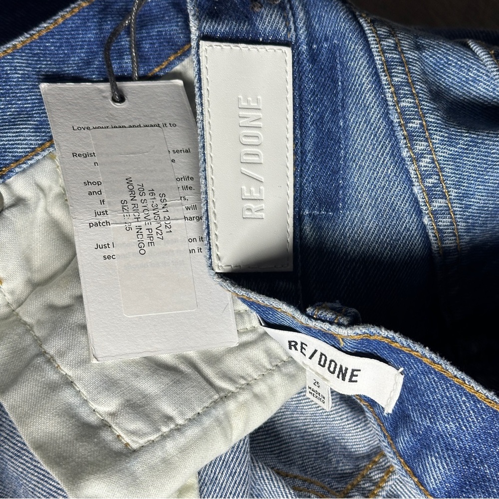 $265 NWT RE/DONE 70s Stove Pipe High Rise Button Fly Knee Rip Jeans Size 25 - Picture 10 of 15
